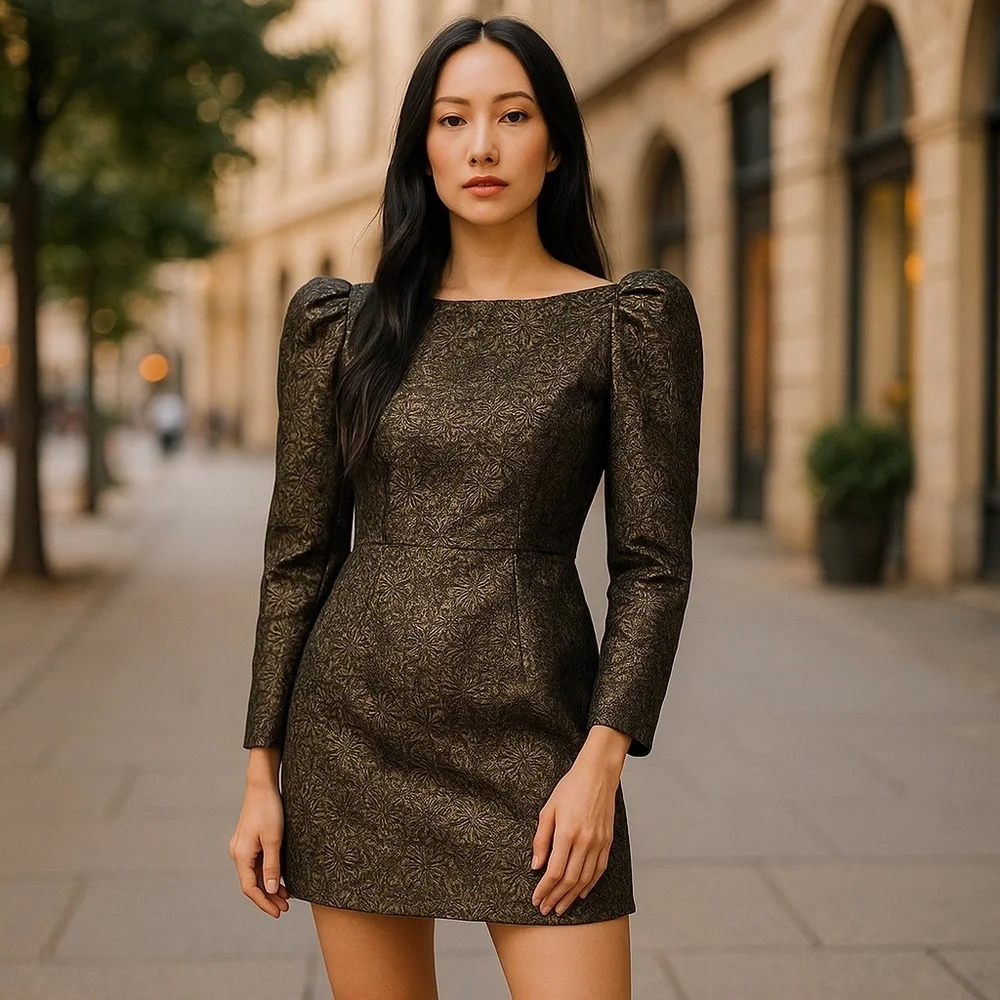 Vintage Jacquard Black & Gold Mini dress - Picture 1 of 8
